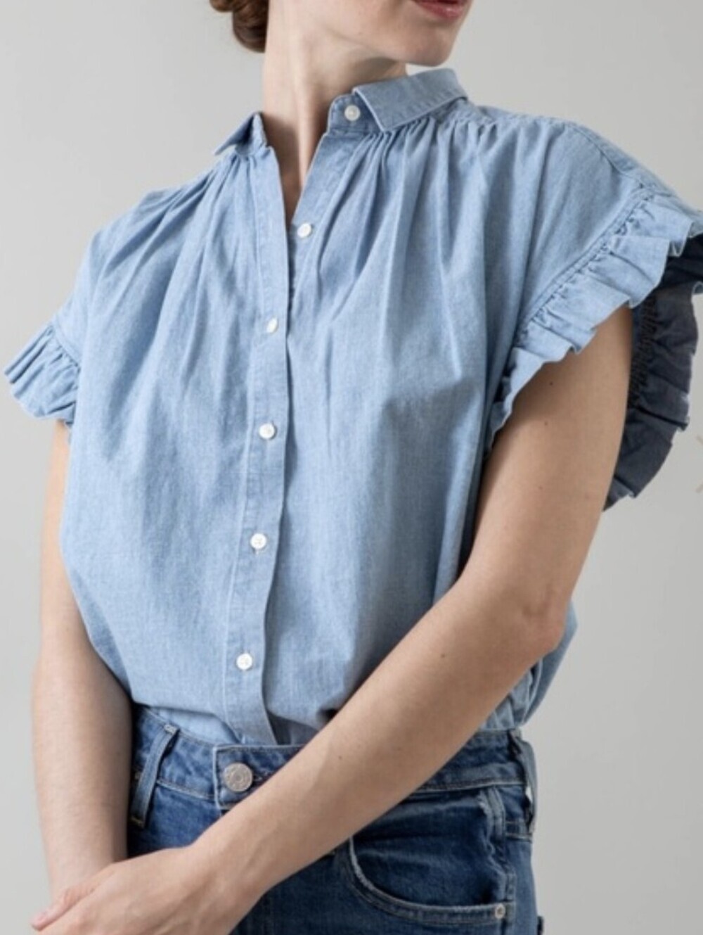 Trovata Birds of Paradis Marianne B Chambray Ruffle Sleeve Shirt S Button Down - Picture 3 of 15